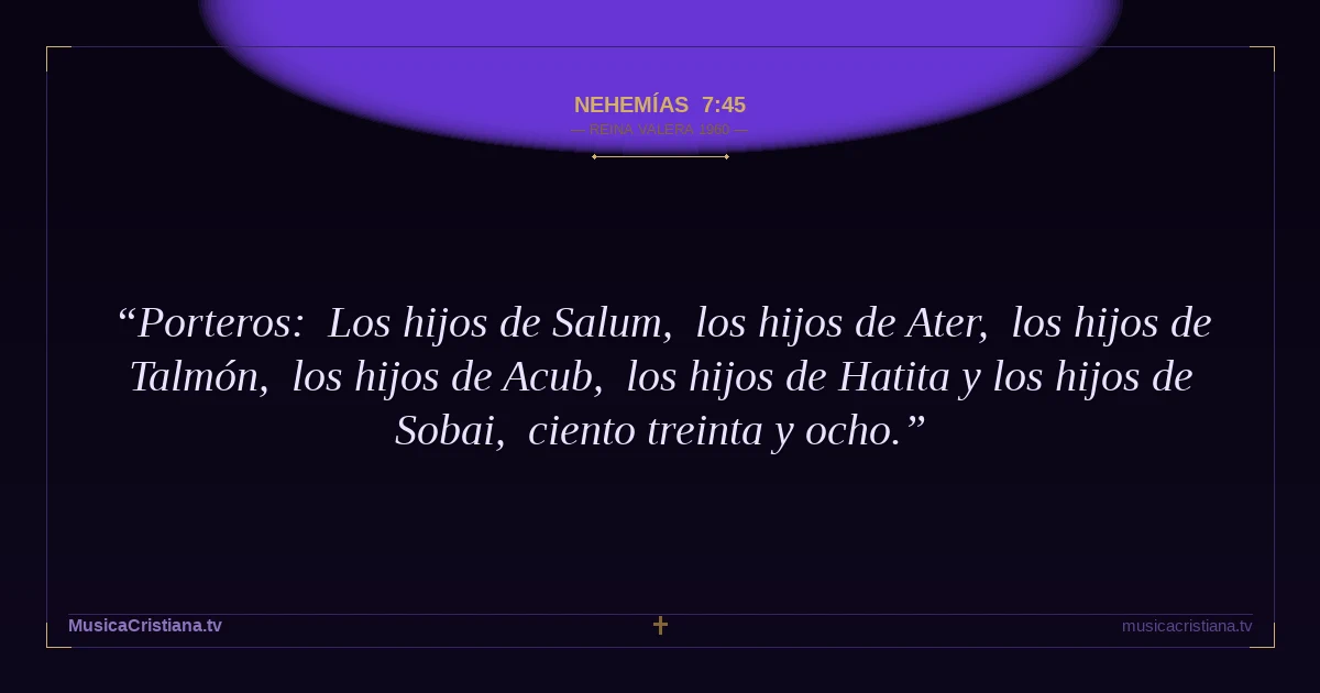 Nehemías 7:45 — Biblia Reina Valera 1960 — MusicaCristiana.tv