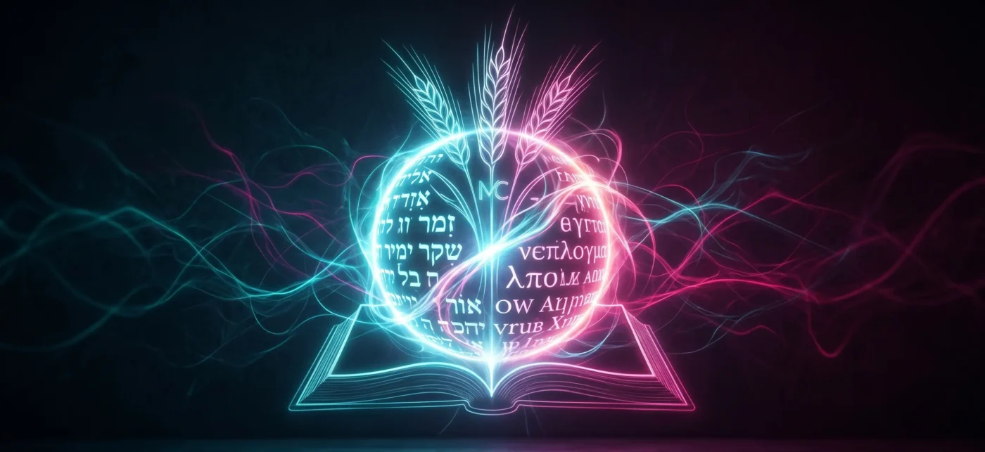 Ilustración abstracta y moderna de una Biblia neón que proyecta espigas de trigo (Pan de Vida) y un orbe de texto sagrado (Palabra de Dios), con líneas de energía cyan y magenta que chocan.