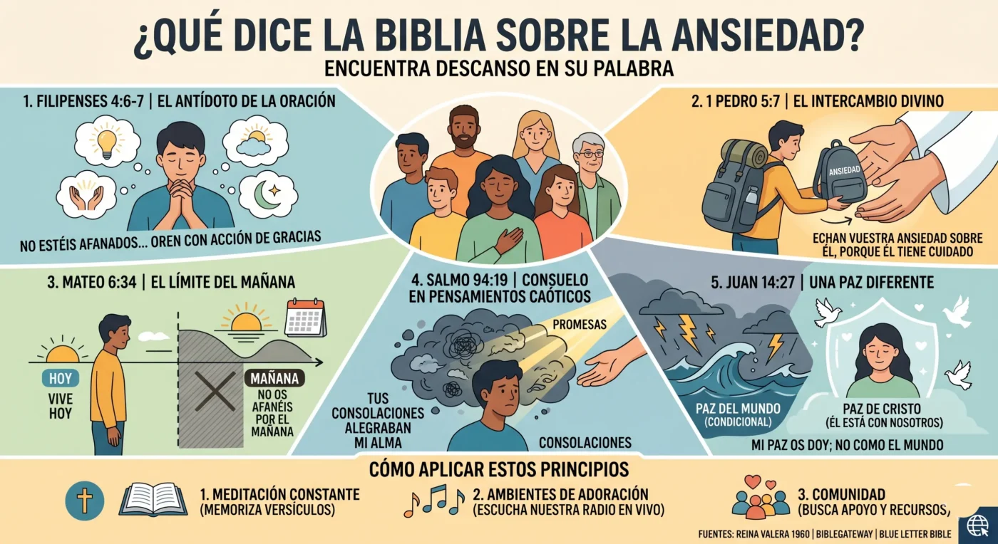 Infografía que detalla qué dice la Biblia sobre la ansiedad, presentando 5 versículos clave como Filipenses 4:6-7 y Mateo 6:34, junto con consejos prácticos para aplicar estos principios bíblicos y encontrar descanso.