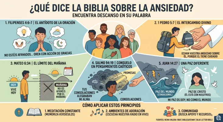 Infografía que detalla qué dice la Biblia sobre la ansiedad, presentando 5 versículos clave como Filipenses 4:6-7 y Mateo 6:34, junto con consejos prácticos para aplicar estos principios bíblicos y encontrar descanso.