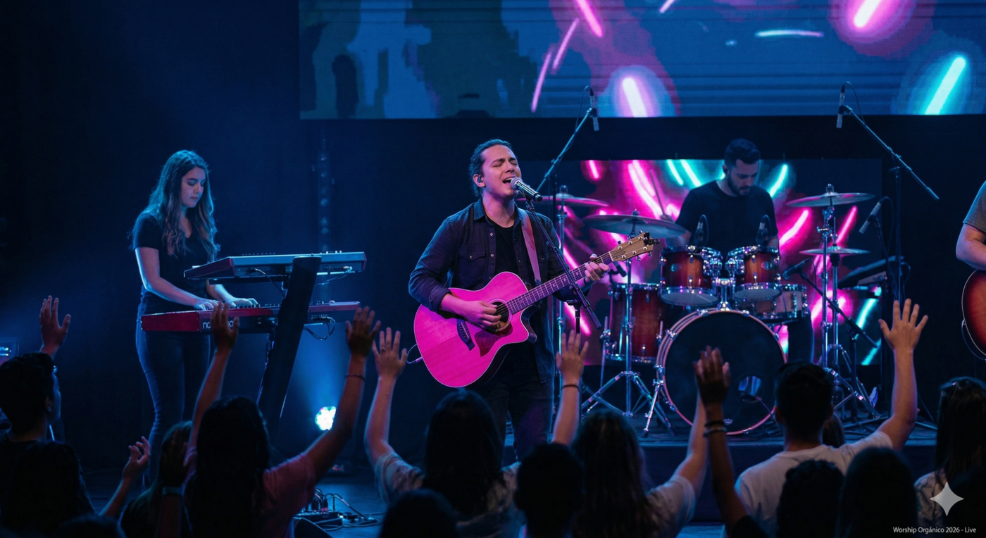 Banda de adoración cristiana en vivo estilo worship orgánico y cinemático para musicacristiana.tv